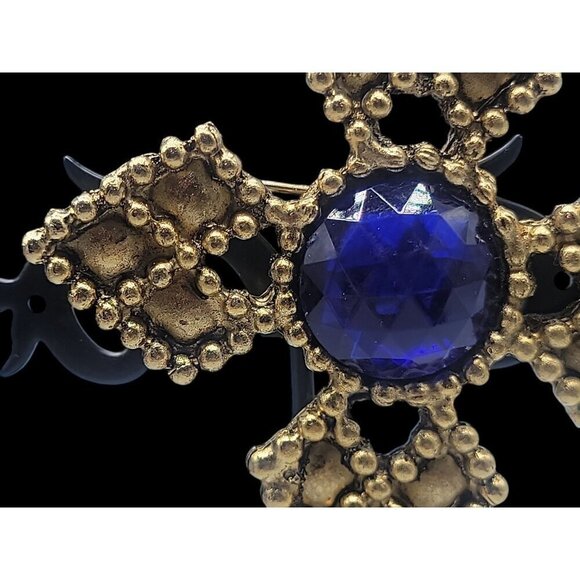 Four Point Dotted Cross Brooch Blue Fauceted Large Rhinestones Gold Tone - Picture 11 of 13